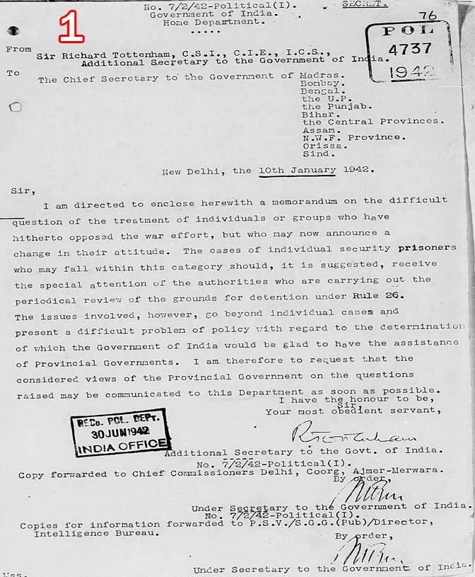 Scan of document 1: Circular enclosing a memorandum on the treatment of those who have opposed the war effort but now change their attitude, 1942-01-10