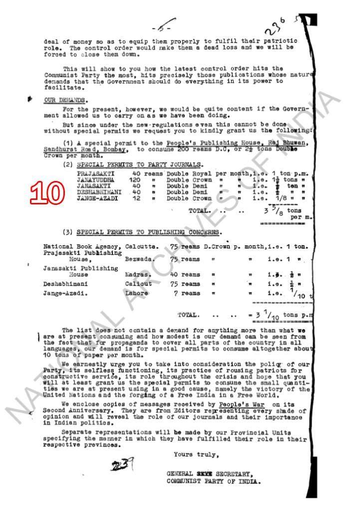 Scan of document 10: Communist Party of India representation on the newsprint control order — schedule of paper permits demanded, n.d.