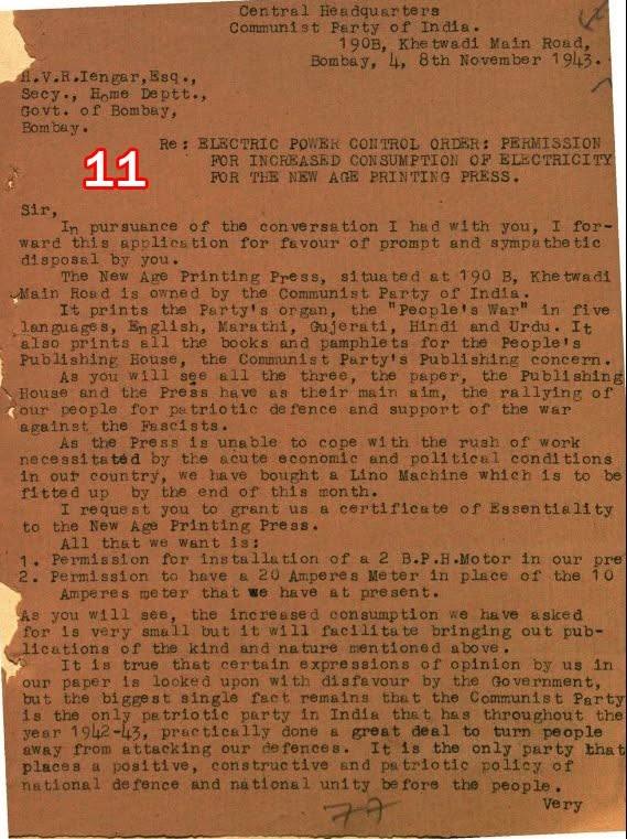 Scan of document 11: Communist Party of India to the Government of Bombay — application for increased electricity for the New Age Printing Press, 1943-11-08