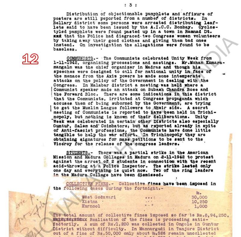 Scan of document 12: Provincial fortnightly report (Madras) — Communists, students and collective fines, n.d.