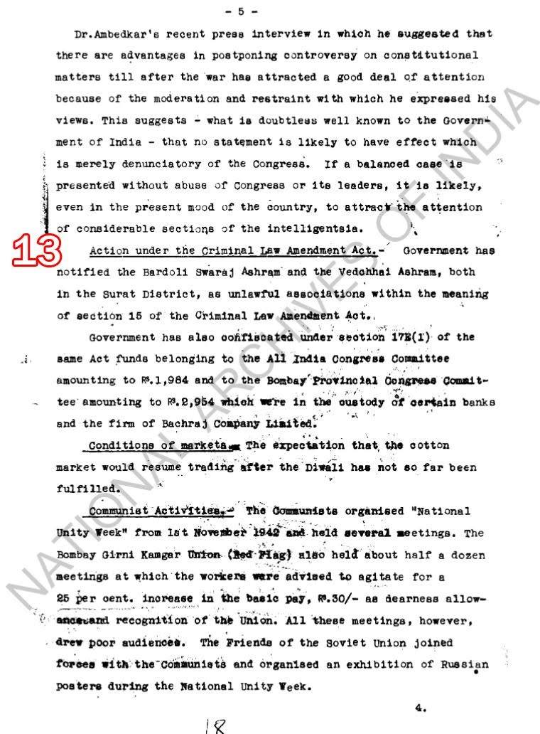 Scan of document 13: Provincial fortnightly report (Bombay) — Criminal Law Amendment Act action, market conditions and Communist activities, n.d.