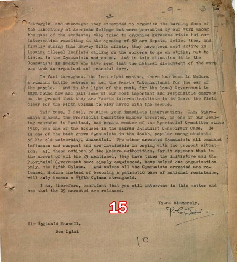 Scan of document 15: P.C. Joshi to Sir Reginald Maxwell on the Madura arrests, n.d.