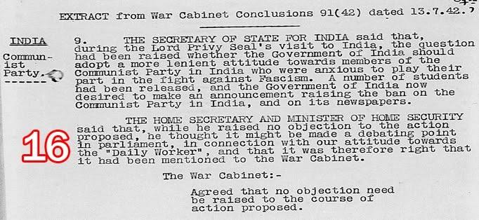 Scan of document 16: Extract from War Cabinet Conclusions 91(42) — raising the ban on the Communist Party of India, 1942-07-13