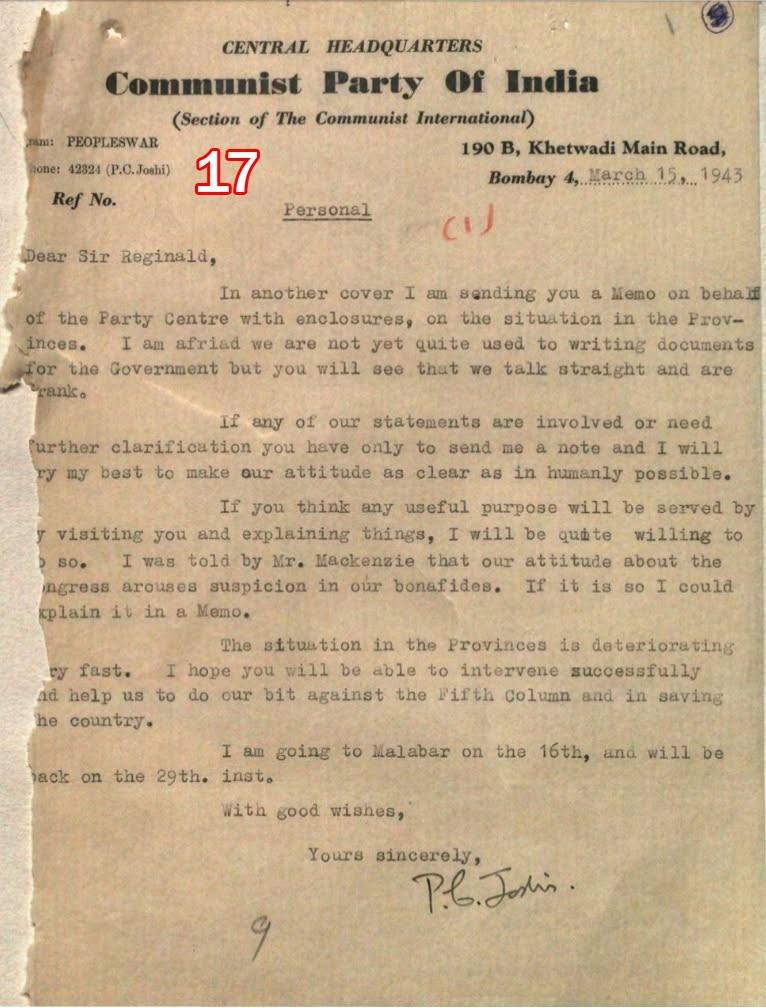 Scan of document 17: P.C. Joshi to Sir Reginald Maxwell, covering the Party Centre's memorandum on the Provinces, 1943-03-15