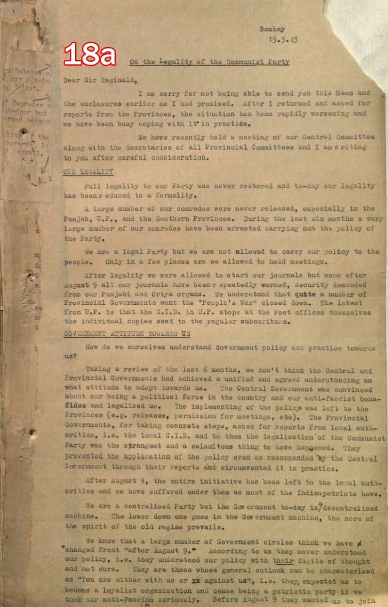 Scan of document 18a: P.C. Joshi to Sir Reginald Maxwell — "On the Legality of the Communist Party" (opening page of the memorandum), 1943-03-15