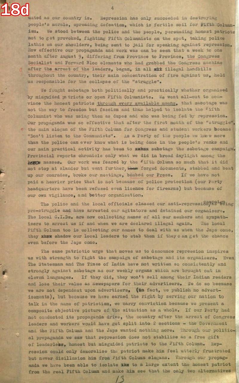 Scan of document 18d: Communist Party of India memorandum — fighting sabotage, and being blamed for the collapse of the "struggle", n.d.