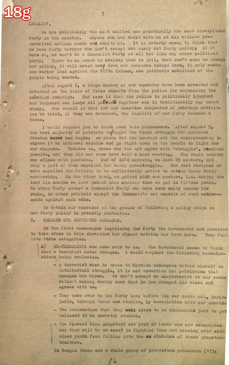 Scan of document 18g: Communist Party of India memorandum — "Legality" and "Release our convicted comrades", n.d.