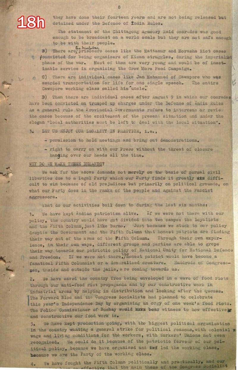 Scan of document 18h: Communist Party of India memorandum — categories of imprisoned comrades and "Why do we make these demands?", n.d.