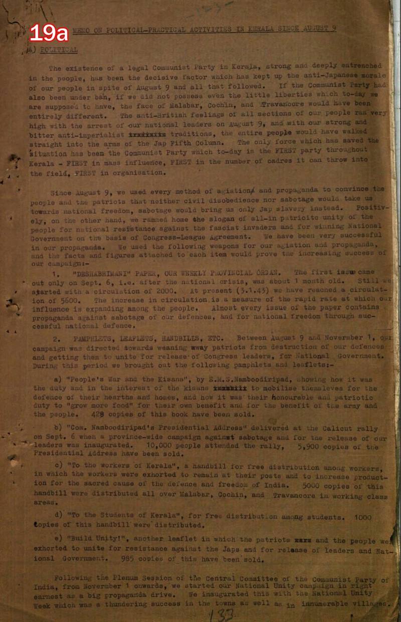 Scan of document 19a: "Memo on Political-Practical Activities in Kerala since August 9" — opening page, n.d.