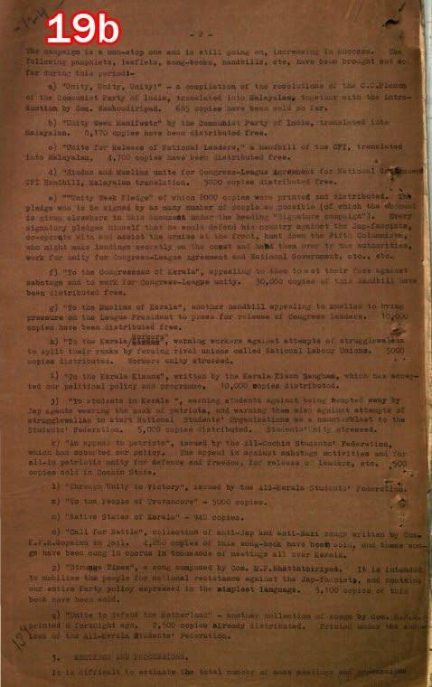 Scan of document 19b: "Memo on Political-Practical Activities in Kerala" — schedule of pamphlets, leaflets and song-books issued, n.d.