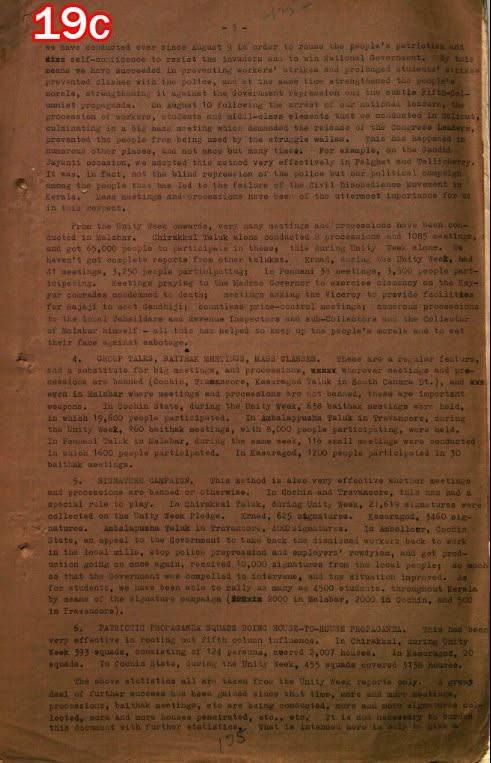 Scan of document 19c: "Memo on Political-Practical Activities in Kerala" — meetings, baithaks, signature campaign and propaganda squads, n.d.