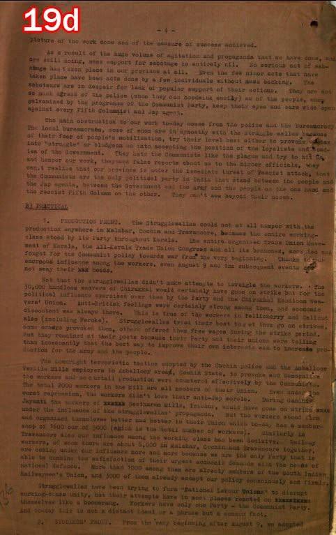 Scan of document 19d: "Memo on Political-Practical Activities in Kerala" — obstruction by police and bureaucracy; the production front, n.d.