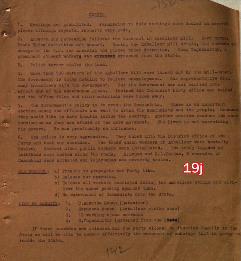 Scan of document 19j: Communist Party of India note on Cochin, with demands and list of arrests, n.d.