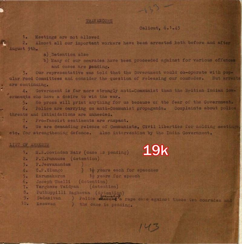 Scan of document 19k: Communist Party of India note on Travancore, with list of arrests, 1943-01-06