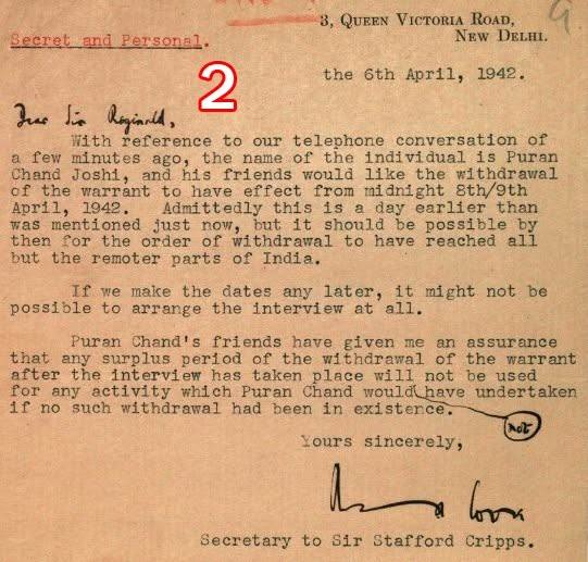 Scan of document 2: Sir Stafford Cripps's Secretary to Sir Reginald Maxwell — arranging the withdrawal of P.C. Joshi's warrant for an interview, 1942-04-06