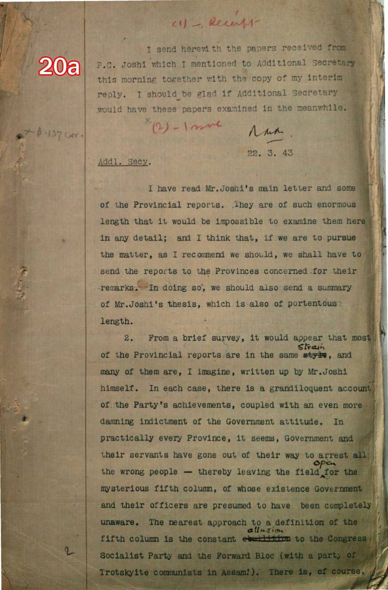 Scan of document 20a: Home Department covering note and the Additional Secretary's assessment of P.C. Joshi's memorandum, 1943-03-22 (covering note); the assessment following is Tottenham's, signed 24.3.43 at 20b (D33)