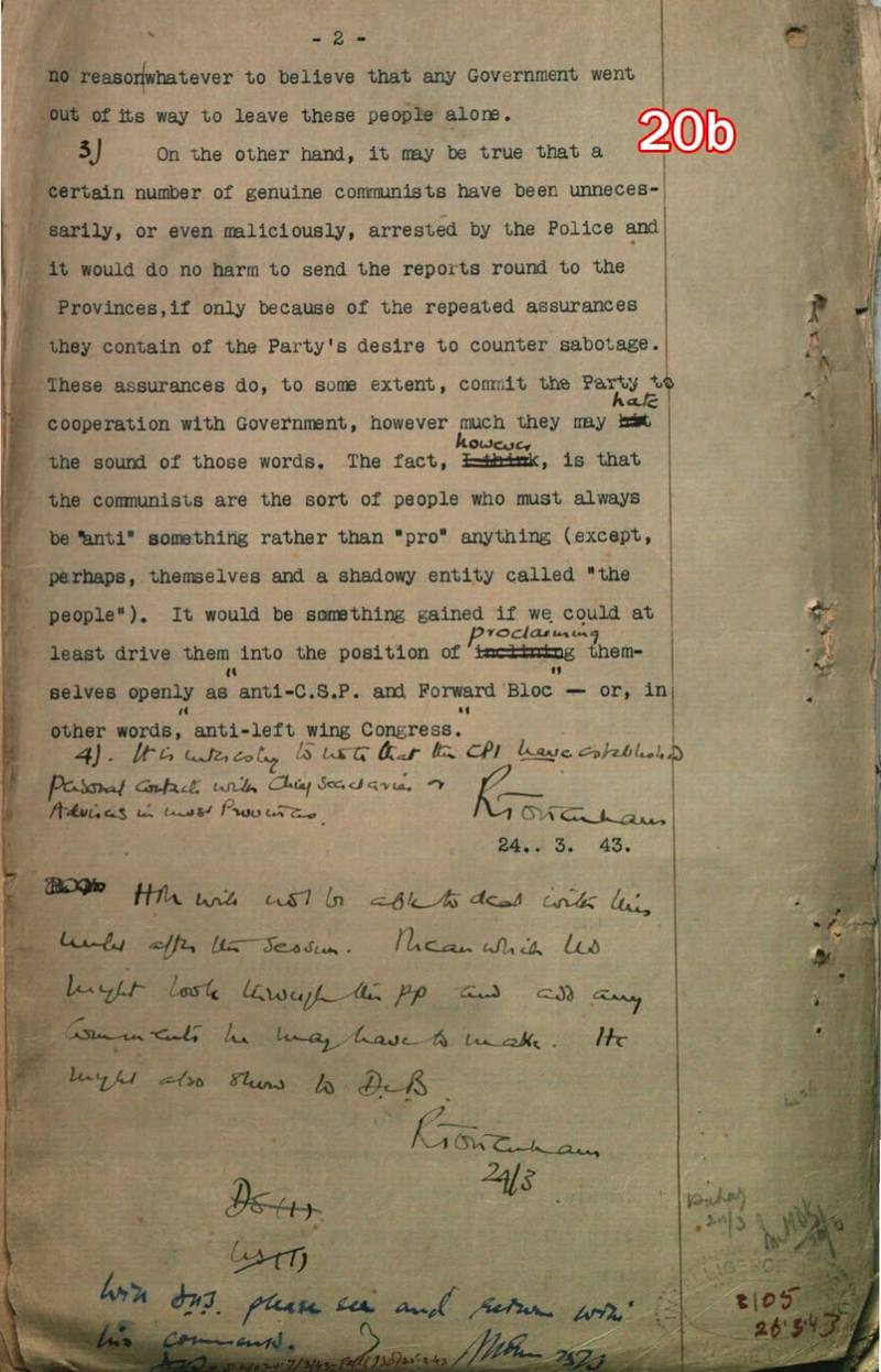 Scan of document 20b: Home Department note on the Communist reports, with Tottenham's minutes of 24 March 1943, 1943-03-24 (minutes); the typed note undated