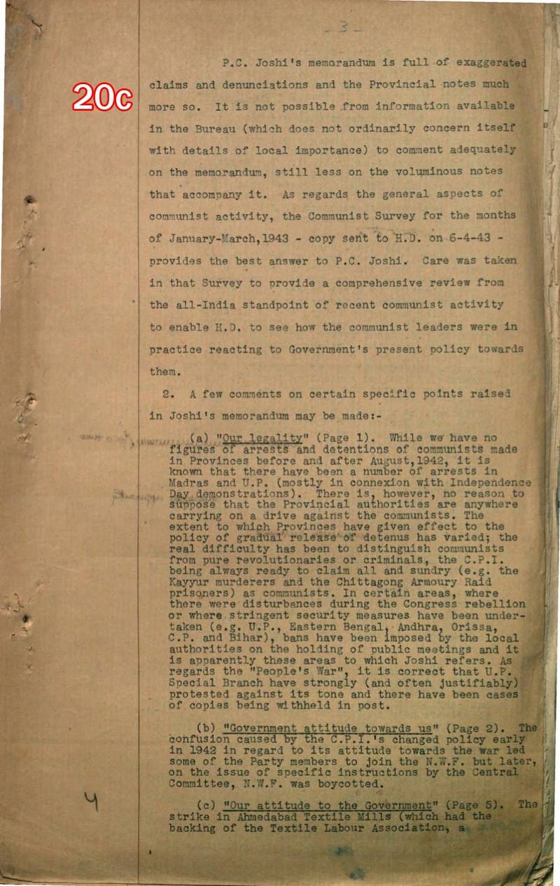 Scan of document 20c: Intelligence Bureau comments on P.C. Joshi's memorandum, n.d.