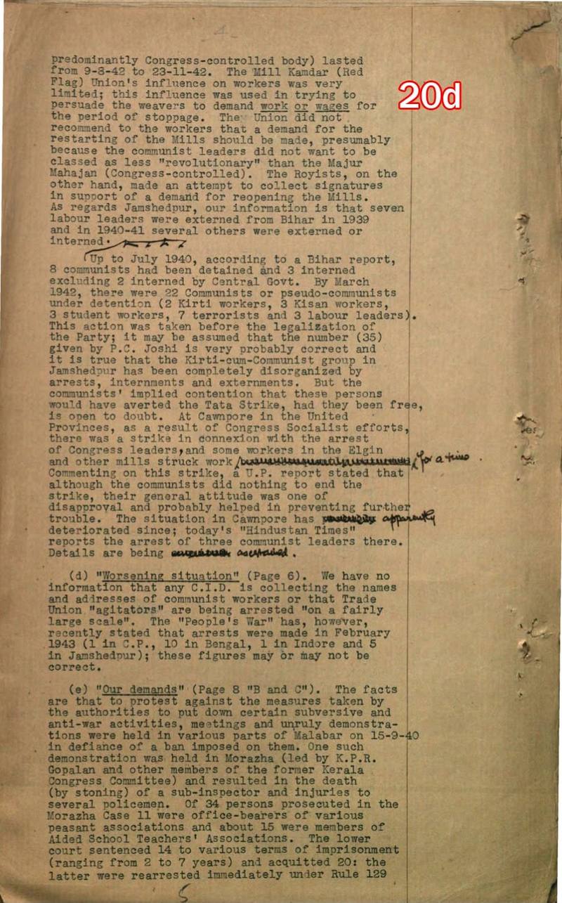 Scan of document 20d: Intelligence Bureau comments on P.C. Joshi's memorandum — Jamshedpur, Cawnpore, and the Morazha case, n.d.