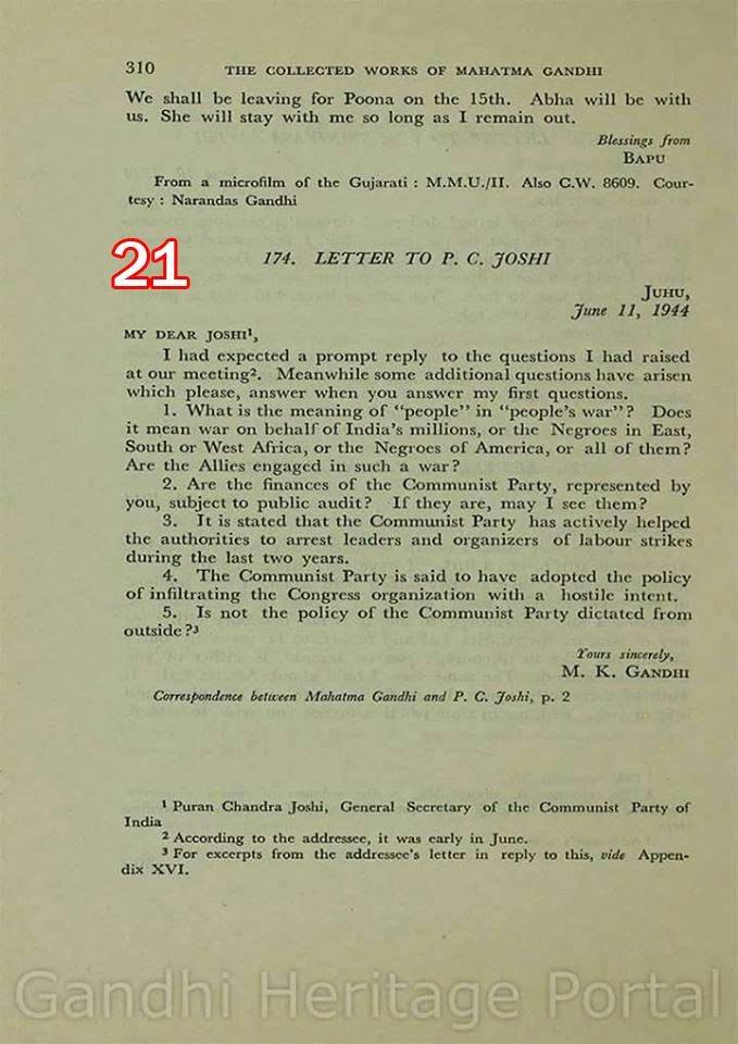 Scan of document 21: Gandhi's letter to P.C. Joshi, 11 June 1944 — printed in The Collected Works of Mahatma Gandhi, 1944-06-11 (the letter); page reproduced from a modern printed edition