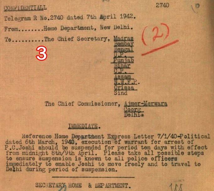 Scan of document 3: Telegram suspending the warrant for P.C. Joshi's arrest for ten days, 1942-04-07