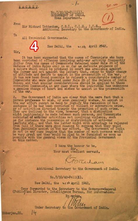 Scan of document 4: Circular from the Government of India to all Provincial Governments on the release of convicted Communists, 1942-04-21