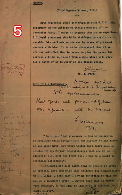 Scan of document 5: Intelligence Bureau note proposing that P.C. Joshi's warrant be withdrawn "as an experiment", with Tottenham's minute, 1942-04-27 (note); minuted 28 and 29 April 1942