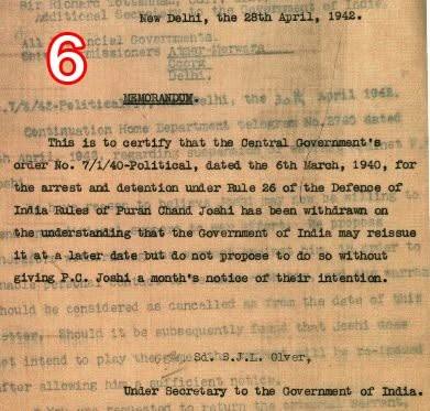 Scan of document 6: Memorandum certifying the withdrawal of the detention order against Puran Chand Joshi, 1942-04-28