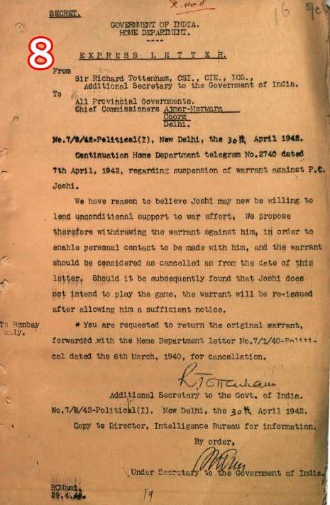 Scan of document 8: Express Letter withdrawing the warrant against P.C. Joshi, 1942-04-30
