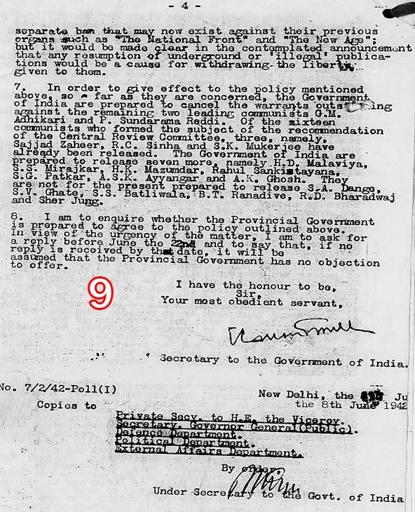 Scan of document 9: Government of India letter on releasing detained Communists and cancelling outstanding warrants — closing page, 1942-06-08